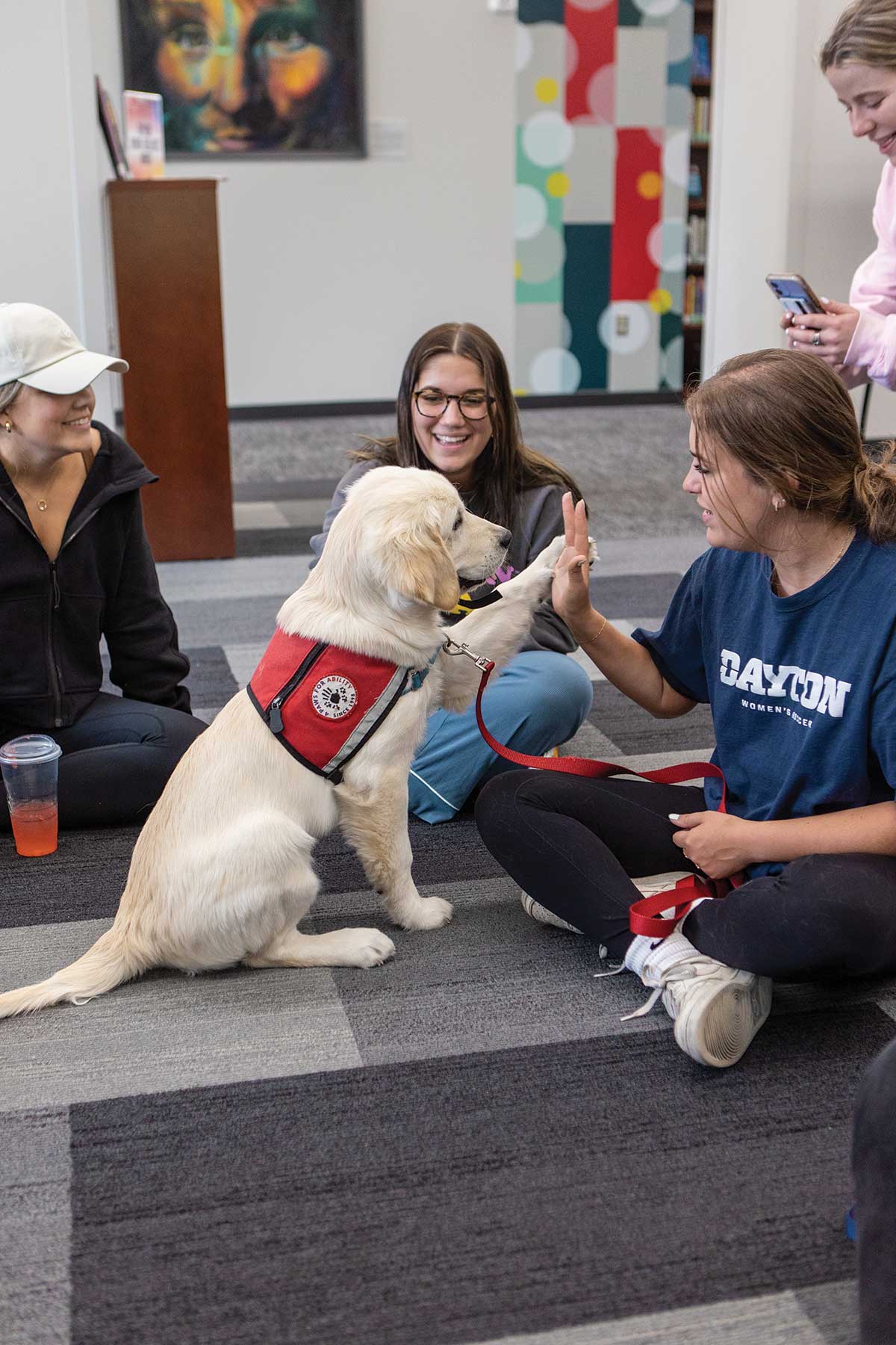 Students sitting around in a circle looking at a golden retriever puppy who is high-fiving one of the students.